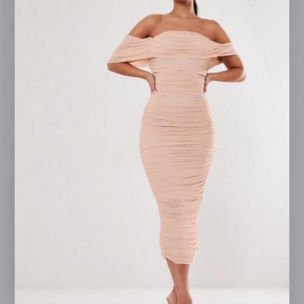 MISSGUIDED nude mesh ruched bardot midi dress